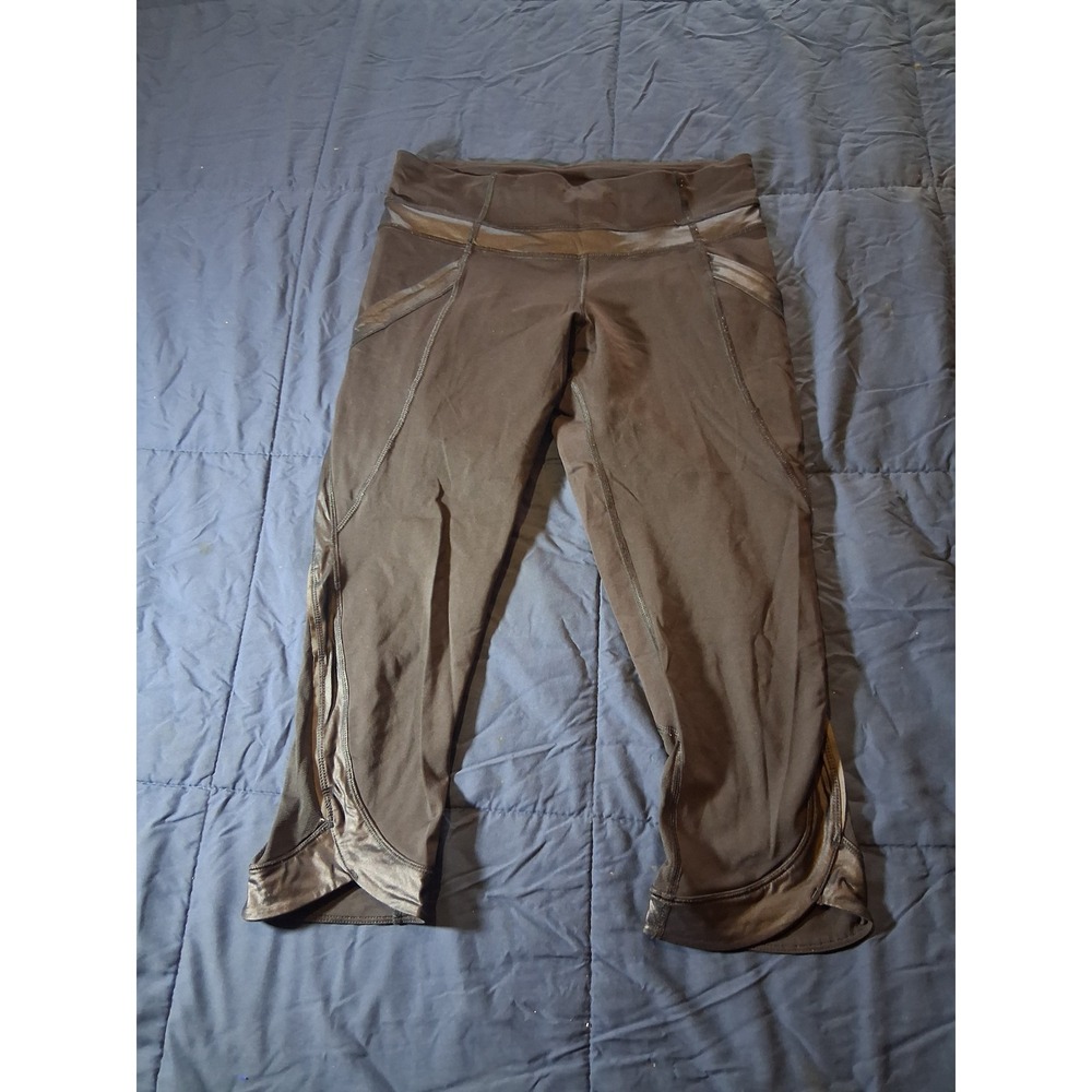 Lululemon Run Inspire Crop II Black Mesh Satin Trim Leggings Size 6 Pocket 4758‎